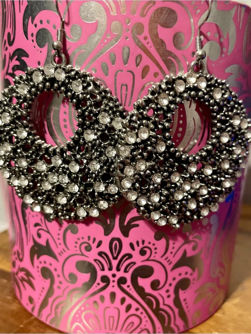 Rhinestone METAL Hoop Statement Earrings - Silver Tone